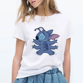 

T Shirt Femme Harajuku Kawaii Tops Casual T Shirt Women Lovely Lilo and Stitch Print Punk White Plus Size Tees