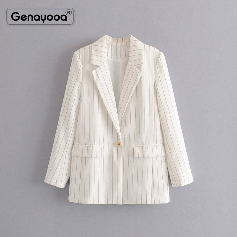 

Genayooa Office Lady Thin Autumn Stripe Blazers Women Jacket Single Button White Blazer Feminino Slim Fit Autumn 2019 Korean