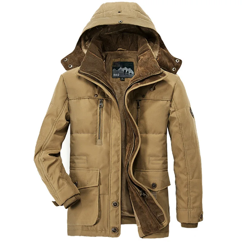 Зимняя мужская куртка, утолщенная, Вельветовая, с капюшоном, военная, с хлопковой подкладкой, мужская куртка, пальто, теплый флис, с мехом, парка, пальто размера плюс, 7XL - Цвет: 13029 Khaki