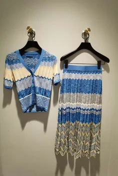 

Spring / Summer 2020 Striped Knitted Top and Women's Mid-length Skirt Suit