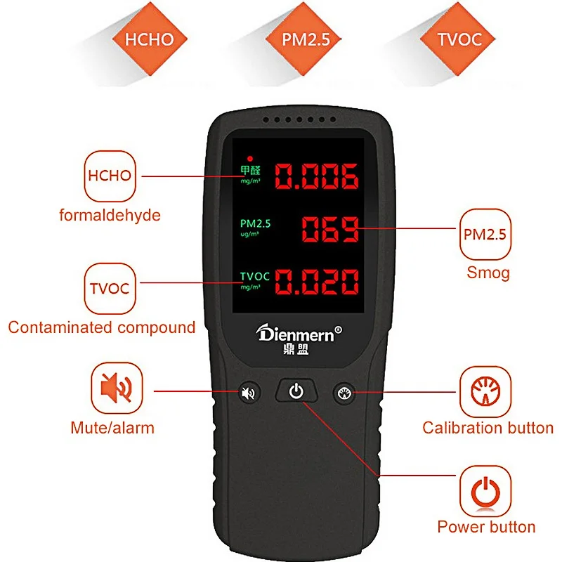 

PM2.5 Formaldehyde Detector Air Quality Monitor TVOC PM 2.5 2000mAh Lithium Battery Indoor Gas Alarm Monitoring Analyzer Meter