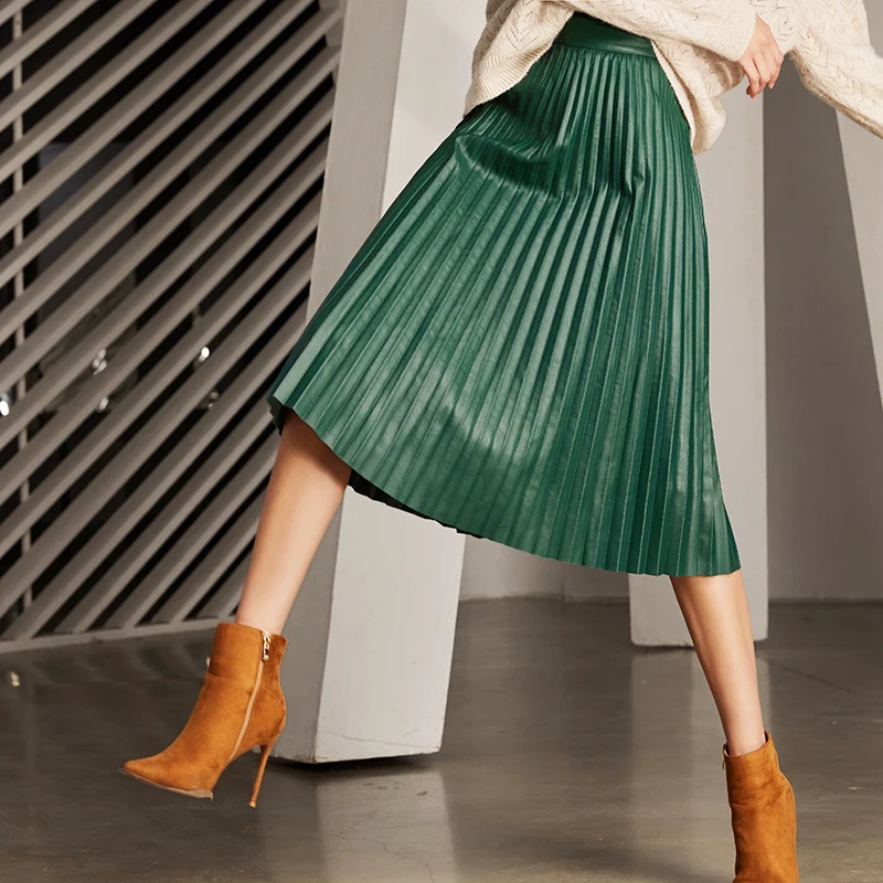 

RYS7360 Women 2019 Elegant Fashion Full-length Genuine Leather 75cm Long Pleated Skirt Lady Nappa Street Black Jupe Faldas Mujer