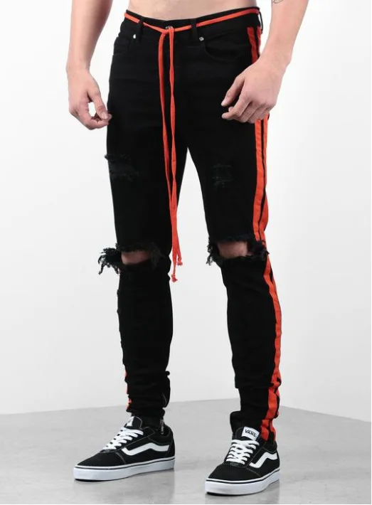 Promotion 2019 new streetwear hiphop personality men jeans side zipper ripped fashion male destroyed skinny 4 colors striped denim pants