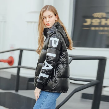 

Metal Size Letter Print Plus Glossy Down Cotton Jacket Parka Women 2020 Winter Hooded Bright Shiny Warm Thick Padded Female Coat