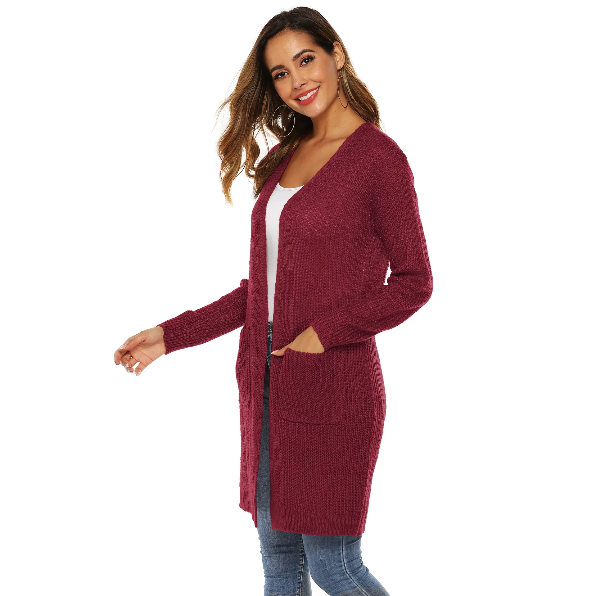 KALENMOS Women Fashion Autumn Winter Mid Length Knitted Cardigans Ladies Casual Long Sleeves Pocket Warm Sweater Plus Size