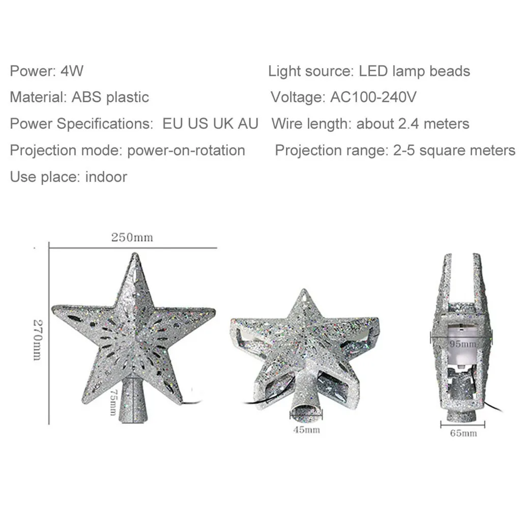 US/EU/AU/UK Plug Glossy Christmas Tree Topper LED Star Top Light Projection Snowflake Pattern Lamp Light Gold/Silver F926