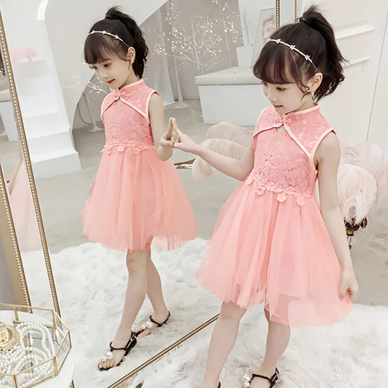 

Retro Cheongsam Lace Tutu Girls Dress Sleeveless Waist Slim Fit Children Princess Kids Dresses For Girls Party Formal Ball Gown