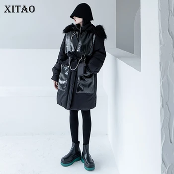 

XITAO Patchwork Faux Fur Parkas Women Casual Winter Belt Tide Fashion New Style Hooded Collar Long Sleeve Pocket Zipper ZY1684