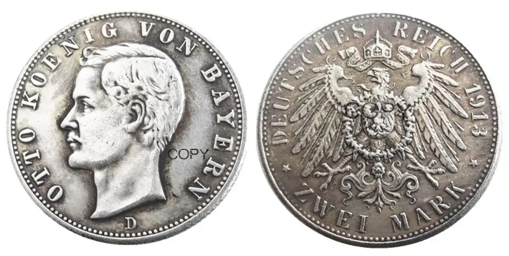 Германия Bavaria 2 Mark 1913 Посеребренная копия декоративная монета | Дом и сад