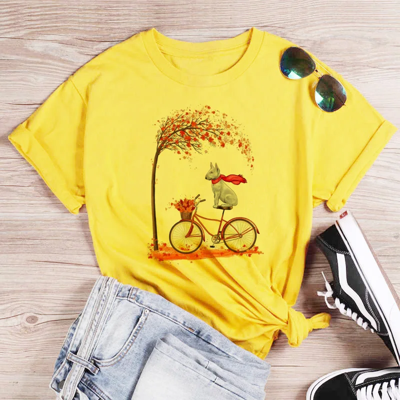 Pink T Shirt Women Beautiful Scenery Bicycle Vogue Casual Tshirt Harajuku Korean Style Graphic Tops Kawaii Short Sleeve T-shirt