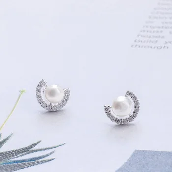 

Acecare S925 silver C-type natural zircon bead earrings female simple small fresh design inlaid craft ear jewelry