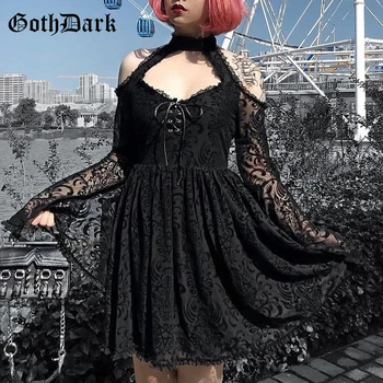 

Goth Dark Punk Grunge Gothic Dresses Harajuku Vintage Halter Pleated Transparent Autumn 2019 Winter Longsleeve Mini Dress Chic