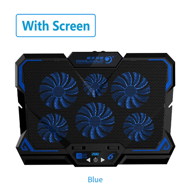 COOLCOLD, 17 дюймов, игровой кулер для ноутбука, шесть вентиляторов, светодиодный экран, два порта USB, 2600 об/мин, охлаждающая подставка для ноутбука, подставка для ноутбука - Цвет: Blue (With Screen)