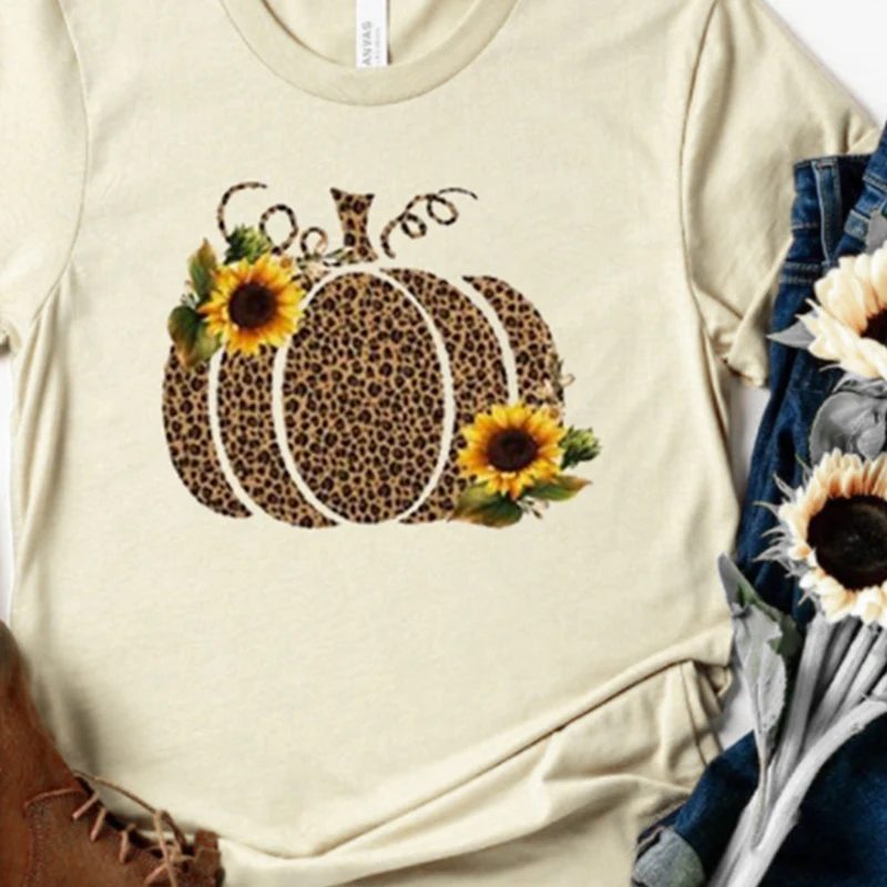 

Pumpkin Shirt Women Leopard Print Thanksgiving Tee Vintage Clothes Harajuku Graphic Casual Plus Size Woman
