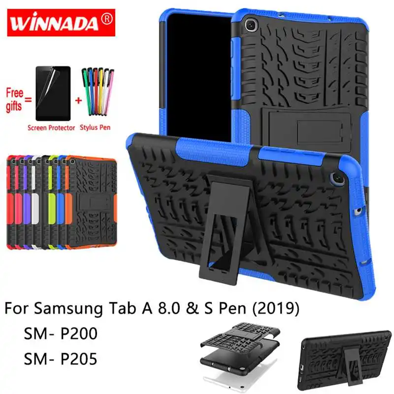 For Samsung Tab A 8.0 with S PEN 2019 p200 case SM- P200 P205 Tablet armor case Silicone TPU+PC Shockproof Stand Cover +Film+Pen