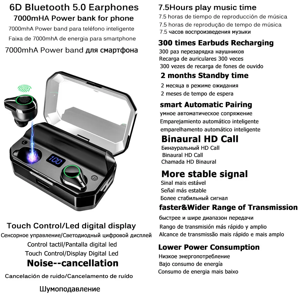 TWS 5,0 Bluetooth наушники стерео беспроводные наушники IPX7 водонепроницаемые наушники 7000 мАч светодиодный внешний Смарт-аккумулятор держатель телефона