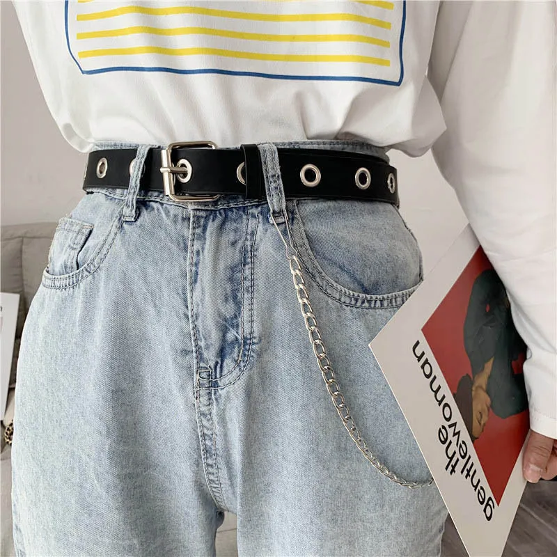 

Punk Fashion Women Belt with Chain Metal Row Hole Leather PVC Clear Pin Buckle Waist Strap Trousers Jeans Girl Female Belts