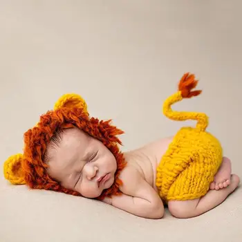 

Cute Pattern Newborn Baby Photography Props Costumes Hat Pants Knitted Suit Photographic Knitted Clothing Lion Suit