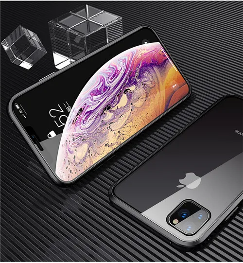 360 Полный Магнитный чехол для iPhone 11 Coque 11 Pro MAX X XS XR металлический бампер двойное закаленное стекло для iPhone 8 7 6 6S Plus чехол - Цвет: Черный