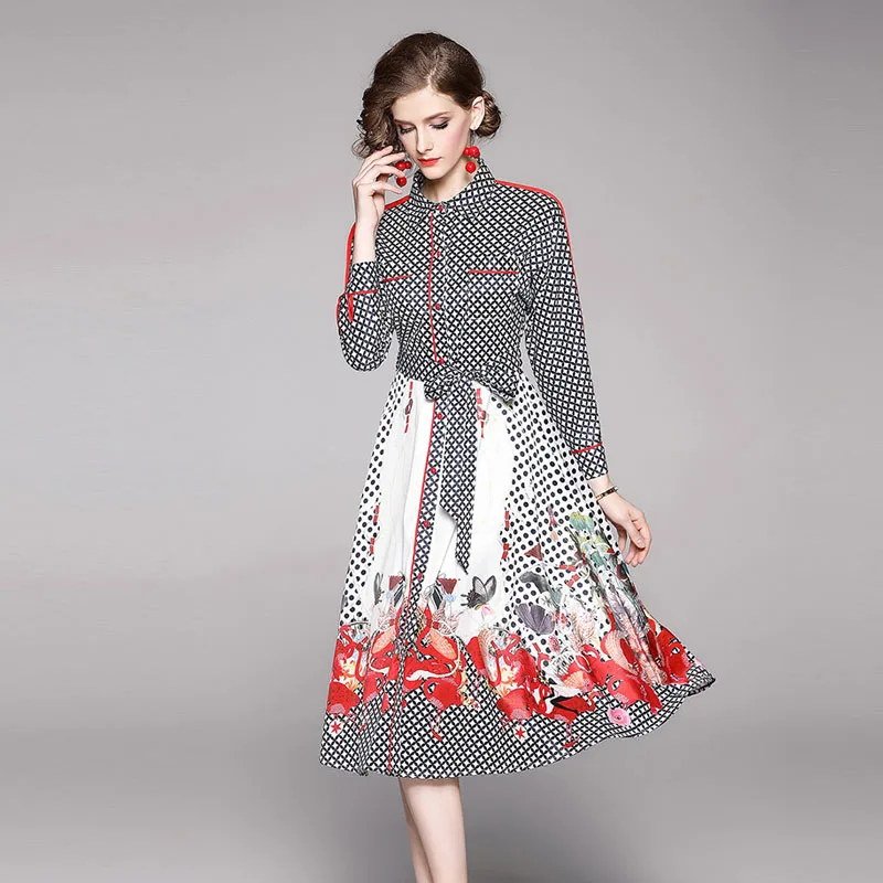 

Europe And America WOMEN'S Dress French Fold-down Collar Hepburn Wind Contrast Color Edge Design Trend over-the-Knee Big Hemline