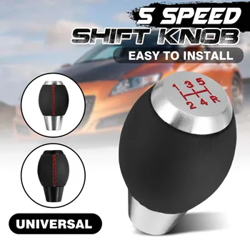 

Universal 5 Speed Manual Gear Shift Knob Lever Shifter Hand Ball PU Leather Red Stitching