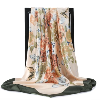 

Fashion Kerchief Hair Scarf For Women Green Purple Print Silk Satin Hijab Scarfs 90cm*90cm Square Shalws Scarves For Ladies 2020