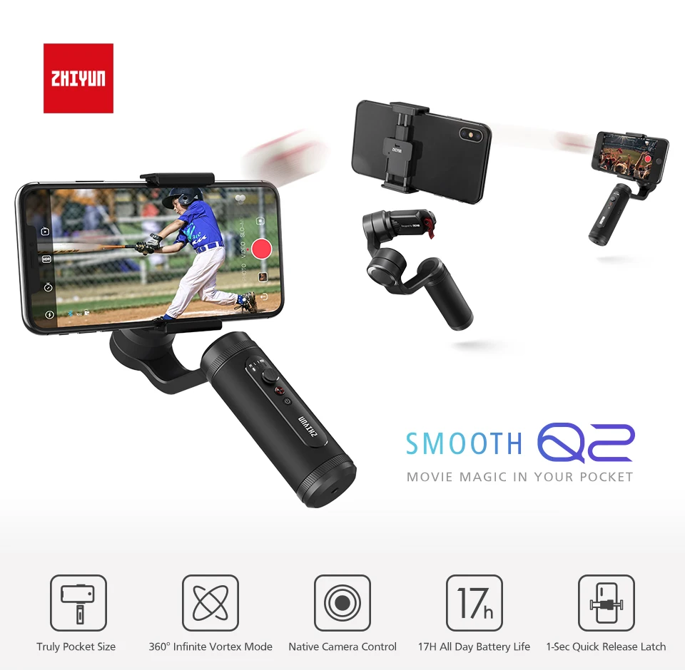  Zhiyun Smooth Q2 Pocket Size Portable 3-Axis Smartphone Handheld Gimbal Aluminum for iPhone 11 Pro 