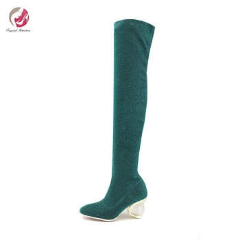 

Original Intention Stylish Over the Knee High Boots Woman Sock Boots Sexy Crystal Heels Gorgeous Pointed Toe Sequins Shoes Woman