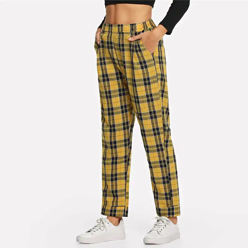 womens yellow plaid pants