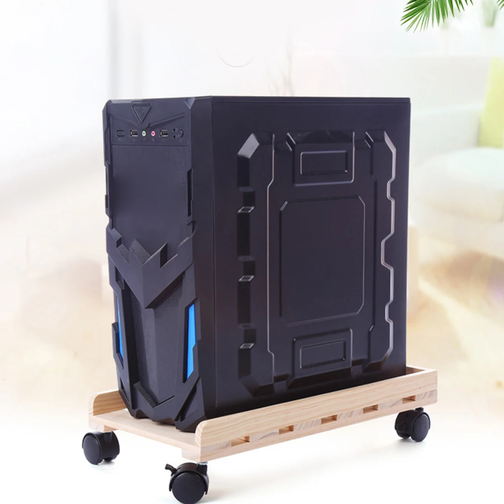 Caster Moving Tower Adjustable Tray Computer Office Rolling Wheels Wooden PC Case Holder Desktop Heat Dissipation CPU Stand