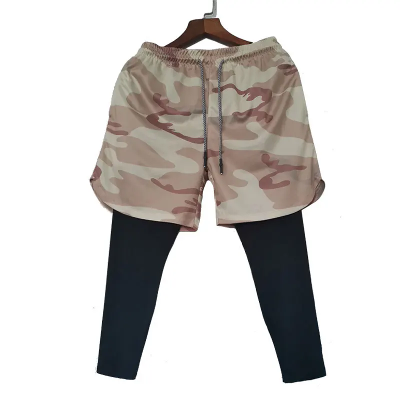Khaki Camouflage Новинка осени, мужские фитнес-шорты, быстросохнущие сетчатые шорты для бега на открытом воздухе, мужские спортивные шорты из двух частей - Цвет: Khaki Camouflage