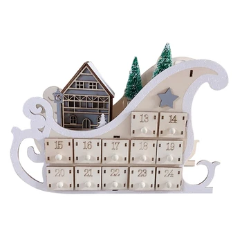 

Tree House Sleigh Wooden Advent Sleigh Calendar Countdown Christmas Party Decor 24 Drawers with LED Light Ornament Home Decor