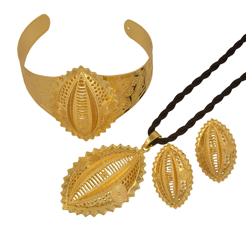 

Ethiopian Jewelry Sets Pendant Black Rope Earrings Bangles Eritrean Ethnic Jewellery for Woman Girls Habesha Wedding Gifts