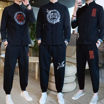 

2020 mens traditional chinese clothing solid tang suit men kung fu tai master costume male tops jackets+pants set