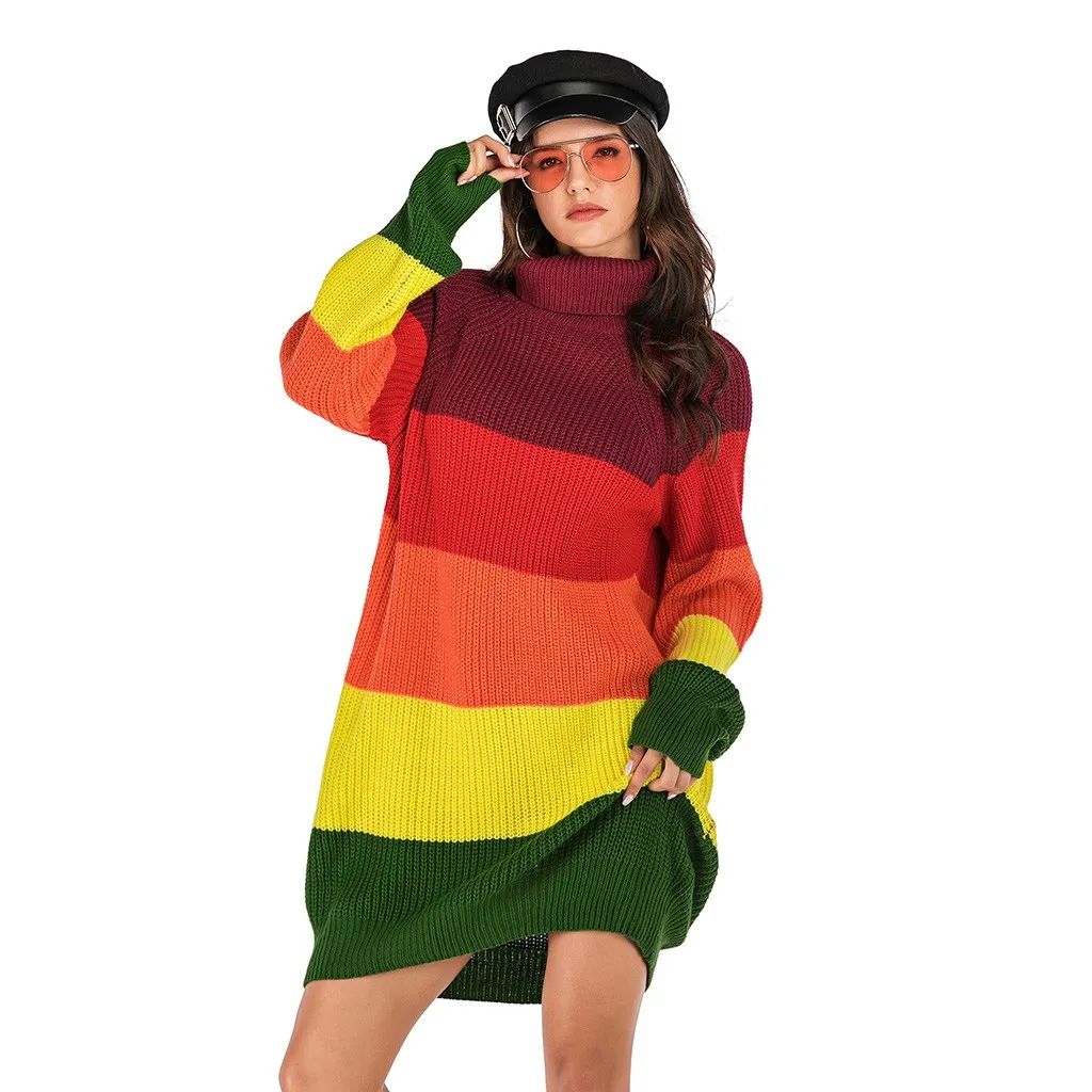

2020 custom Turtleneck dress Women Autumn Winter warm Long Sleeve Color Matching Turtleneck Collar Knit Sweater dress vestidos