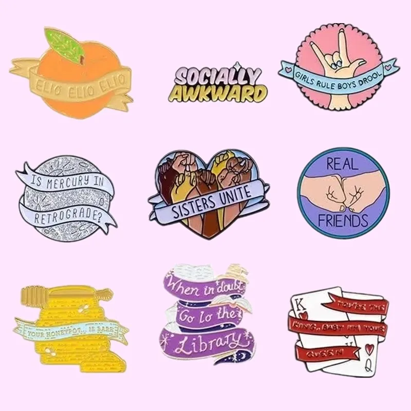 

Feminist Best Enamel Lapel Pins Brooches Honeybee Fruits Peach Heart Poker Ribbon Retrograde Pins Metal Badges Friends for Gifts