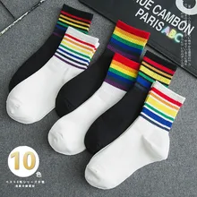 Зимние женские носки, хлопковые носки в радужную полоску, рождественские Модные теплые рождественские Повседневные носки в Корейском стиле Харадзюку