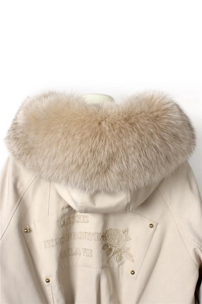 Back flowers embroidery letter real fur parka coat women thick rabbit fur lined short winter jacket real fox fur collar hood