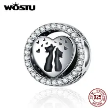 WOSTU, пара, кот, сердце, бусины, 925 пробы, серебро, Круглый, шарм, подходит,, сделай сам, браслет, подвеска, дружба, изготовление ювелирных изделий CQC1188