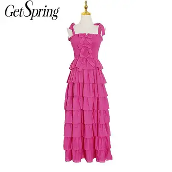 

GETSPRING Women Dress Bandage Ruffles Vintage Dresses Yellow Black Cotton Sexy Long Summer Dresses Women Clothes 2020 Fashion