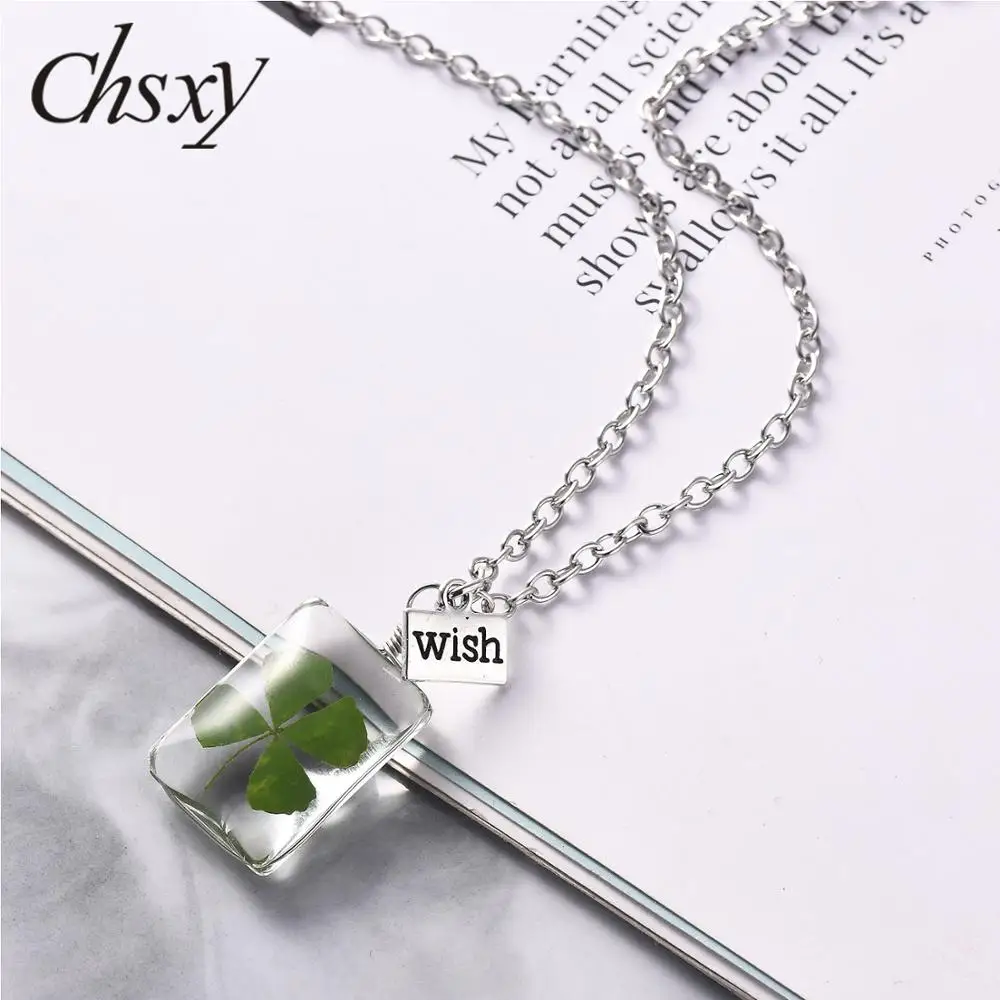 CHSXY Лаки Четыре листа клевера Сушеный Цветок Ожерелье желаю прозрачный