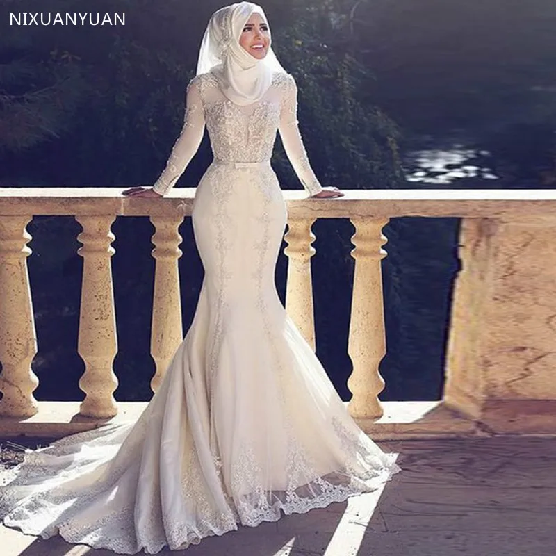 

Long Sleeves Muslim Wedding Dresses 2020 with Veil Tulle Sweep Train Applique Chiffon Floor-Length Mermaid Arabic Gelinlik