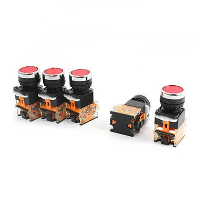 

5 Pcs AC 400V 10A 1NO 1NC 4 Terminals Red Sign Momentary Push Button Switches
