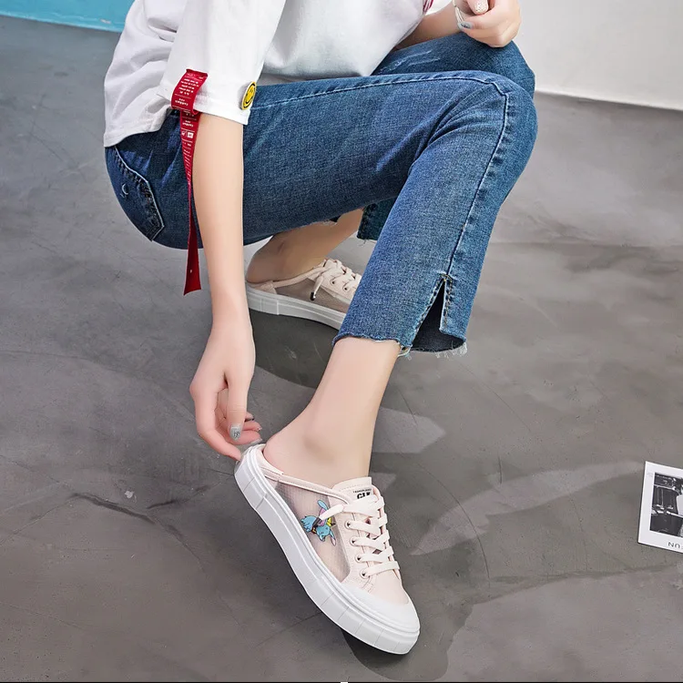 

Summer Hide Substance White Shoes Women's Casual Flat Double Purpose Hollow out Mesh Mesh Sneakers Closed-toe Lazy Slipper