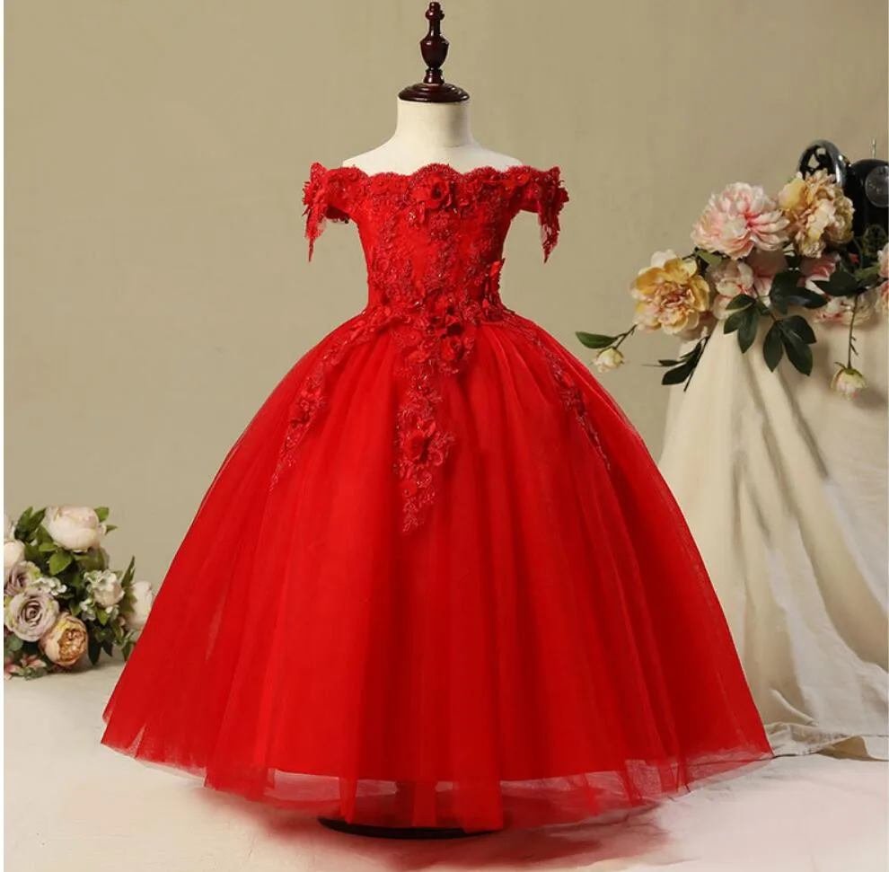 Pink Appliques Girls Christmas Dress embroidery Elegant Party Dress Off Shoulder Kid Wedding Dresses for Girl Princess Tutu Gown