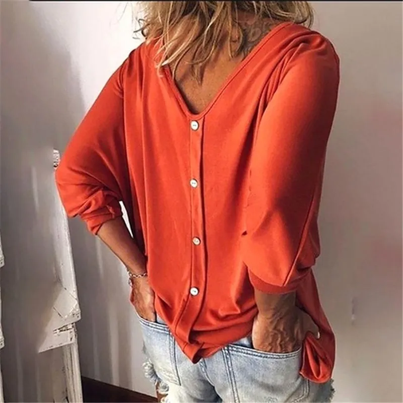 orange Taniafa/осенне-зимняя модная женская футболка с длинными рукавами большого размера, свободная рубашка с пуговицами, Женские однотонные хлопковые топы - Цвет: orange