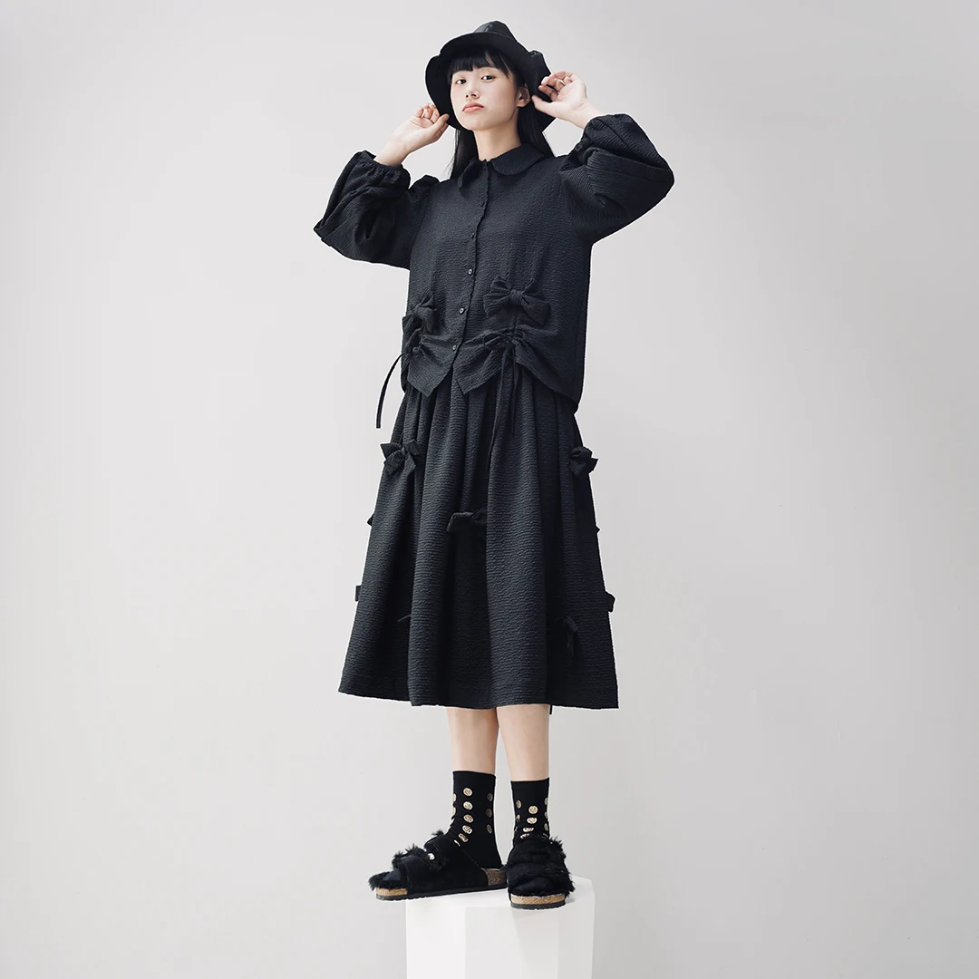 [imakokoni black] original pure color wild tie bow pleated heavy skirt 321001