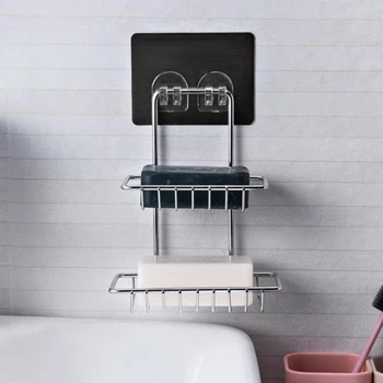 

Punch-Free Silver Drain Double-Layer Sucker Soap Holder Creative Wall-Mounted Soap Holder Bathroom Shelf
