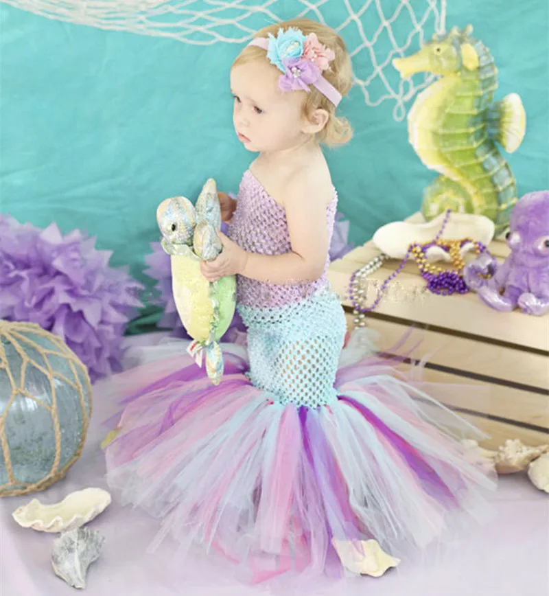 

Sea Princess Dress Patchwork Polyester Top Tulle Tutu Fishtail Toddler Girl Dress Kids Baby Little Mermaid Clothes