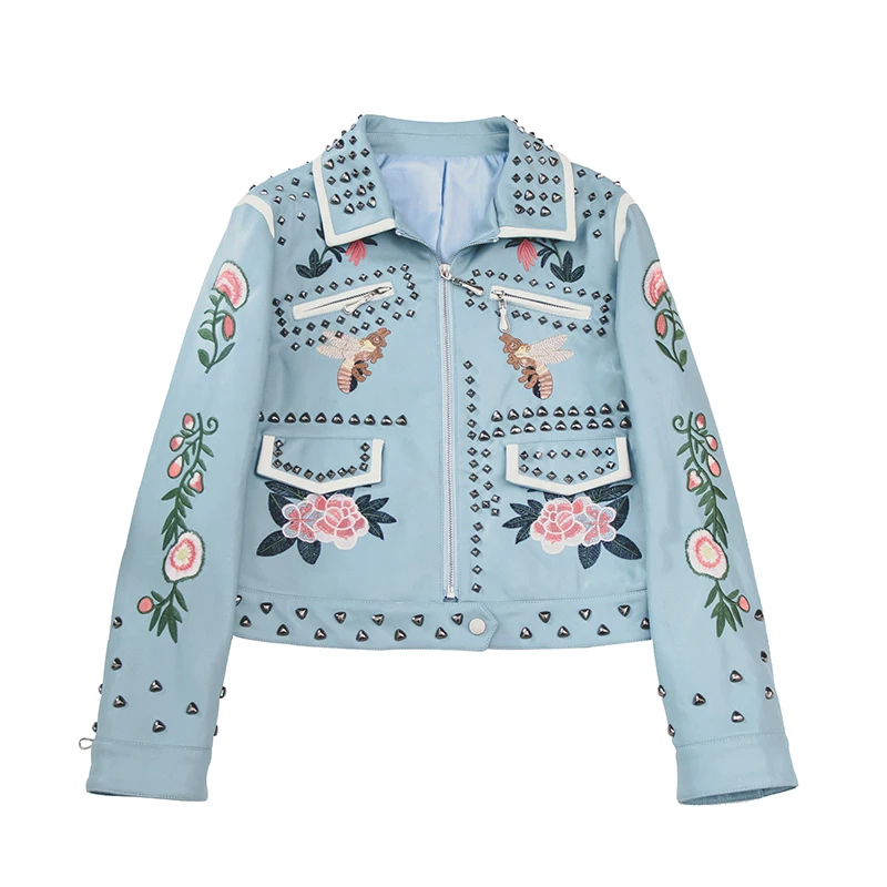 

New Women leather jacket embroidery locomotive leather jacket runway designer high quality embroidered embroidery leather jacket